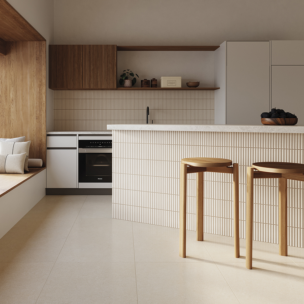 Cream kit kat tiles on a kitchen island and backsplash